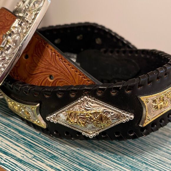 Praying Cowboy Vintage 2-Toned Hand-tooled Large Buckle Men’s Western/Cowboy Bel - Picture 7 of 16